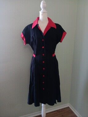 Retro Black Midi Shirt Dress with Red Trim Sz XL